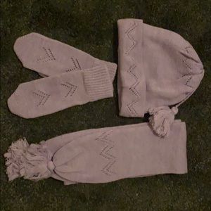 warm, soft set of hat, mittens and scarf